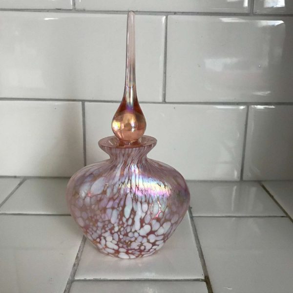 Vintage Perfume Bottle Austrian Art Glass pink with white tall ground glass stopper collectible display vanity bedroom
