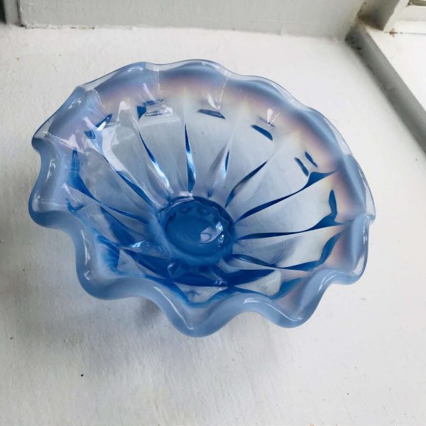 Vintage Periwinkle Blue opalescent rim glass dish bowl trinket bowl collectible display farmhouse bed and breakfast cottage home decor
