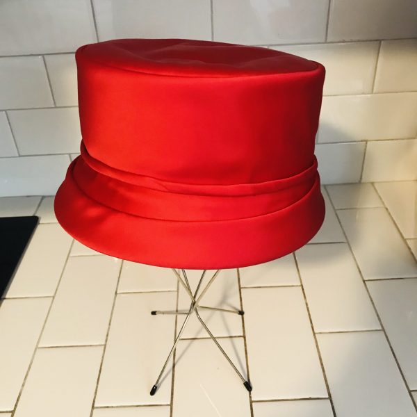 Vintage Pill Box Hat Red Satin with satin bow Jackie O style hat size 6 7/8 Women's Mid Century Hat