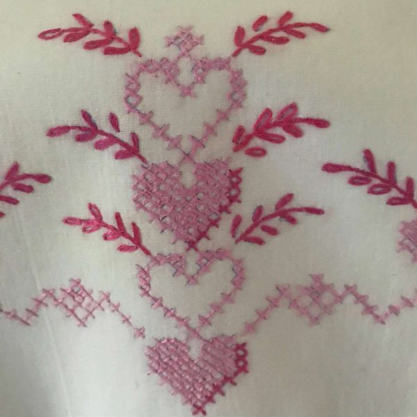 Vintage Pillowcase Pair Embroidered PINK HEARTS  crochet trim bed & breakfast cottage cabin collectible farmhouse guest bedroom