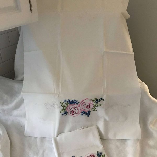 Vintage Pillowcase Pair HAND Embroidered PINK ROSES blue flowers bed & breakfast cottage cabin collectible farmhouse guest bedroom