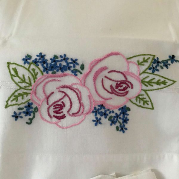 Vintage Pillowcase Pair HAND Embroidered PINK ROSES blue flowers bed & breakfast cottage cabin collectible farmhouse guest bedroom