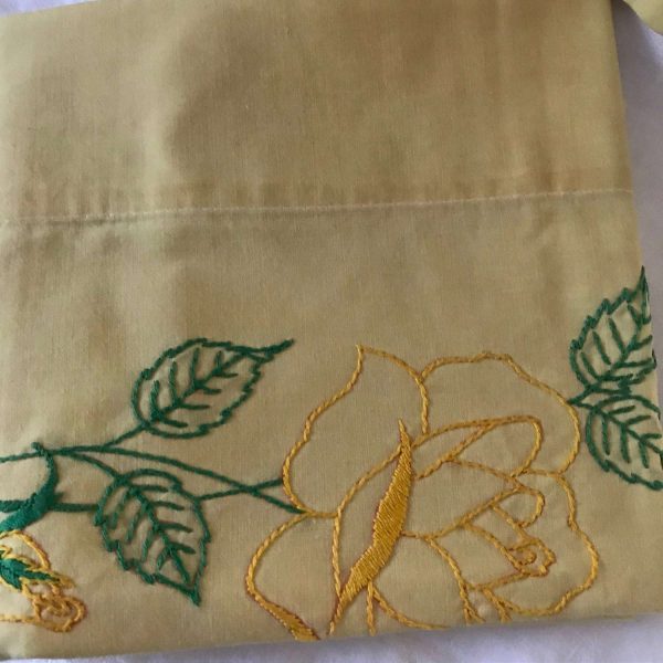 Vintage Pillowcase Pair Hand Embroidered Yellow with Roses green leaves bed & breakfast cottage cabin collectible farmhouse guest bedroom