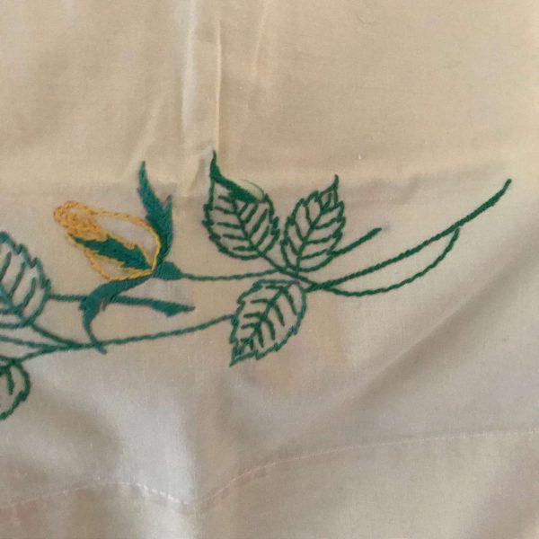 Vintage Pillowcase Pair Hand Embroidered Yellow with Roses green leaves bed & breakfast cottage cabin collectible farmhouse guest bedroom