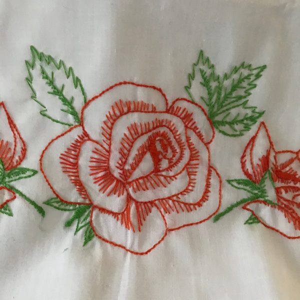 Vintage Pillowcase Single Hand embroidered orange roses bedding bed and breakfast cottage cabin guest room collectible linens poppies