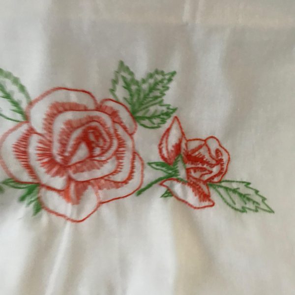 Vintage Pillowcase Single Hand embroidered orange roses bedding bed and breakfast cottage cabin guest room collectible linens poppies