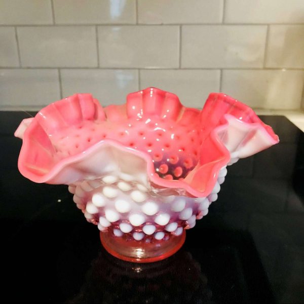 Vintage Pink Hobnail Bowl Fenton 1950's ruffle top Pink with white Opalescent 4" tall 7" across collectible display cottage shabby chic