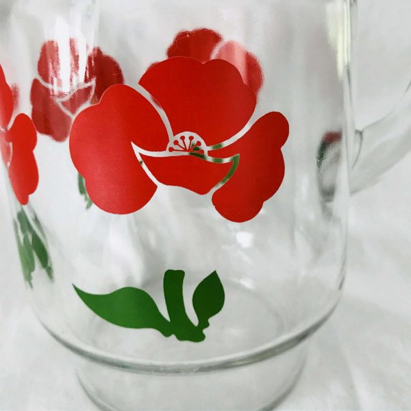 Vintage Pitcher Glass Fired on Paint Red Flowers Iced Tea Koolaid Collectible Retro Kitchen display farmhouse summer picnic patio water