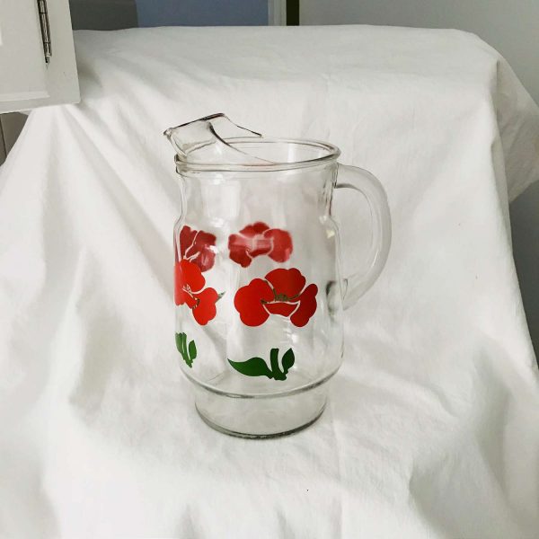 Vintage Pitcher Glass Fired on Paint Red Flowers Iced Tea Koolaid Collectible Retro Kitchen display farmhouse summer picnic patio water