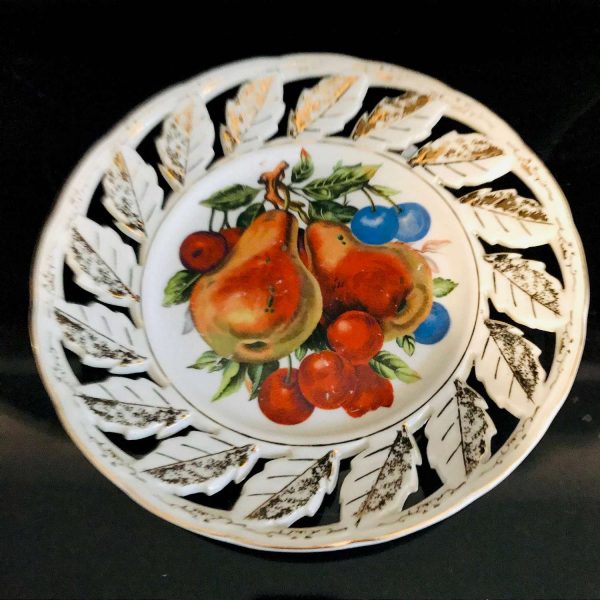 Vintage Plate reticulated edge Bright Colored Fruit Pattern gold trimmed leaves edge farmhouse wall decor display cottage kitchen