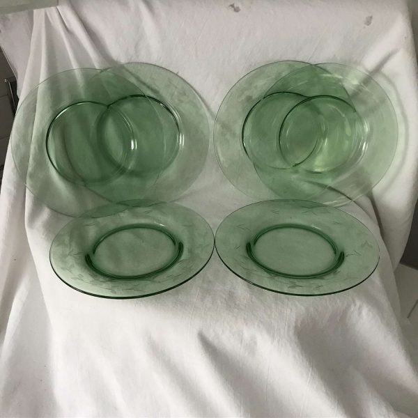 Vintage Plates 6 Green snack bread Depression Glass Etched Floral farmhouse cottage cabin retro kitchen display collectible glass