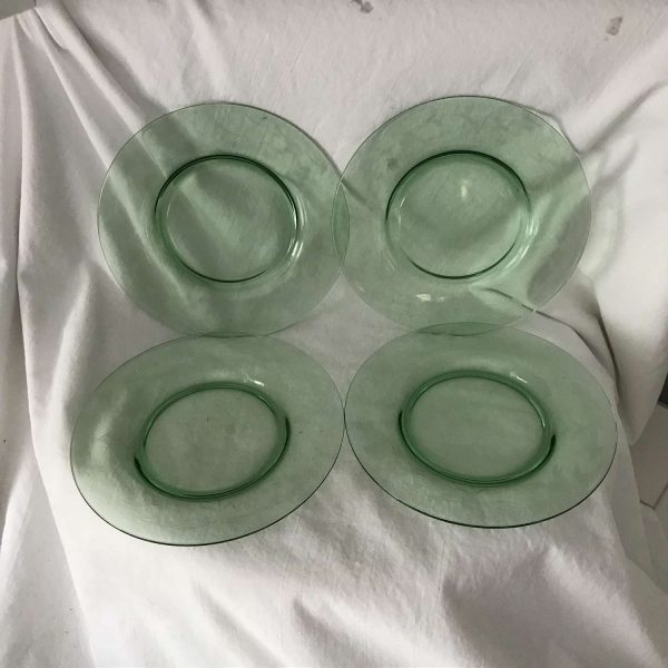 Vintage Plates Green 4 snack bread Depression Glass Etched Floral farmhouse cottage cabin retro kitchen display collectible glass