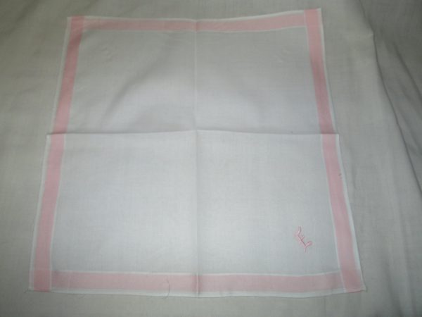 Vintage polished cotton hankie Pink trim edges E monogram Embroidered shabby chic pink cottage display collectible decor