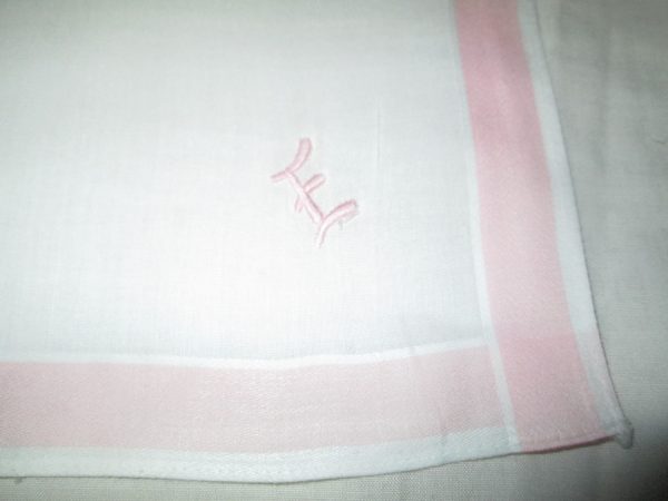 Vintage polished cotton hankie Pink trim edges E monogram Embroidered shabby chic pink cottage display collectible decor