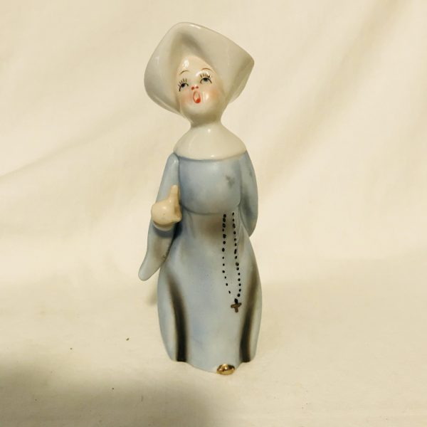 Vintage Porcelain Singing Nun Figurine Blue and white habit Mid Century Japan collectible display spirituality catholic religious religion