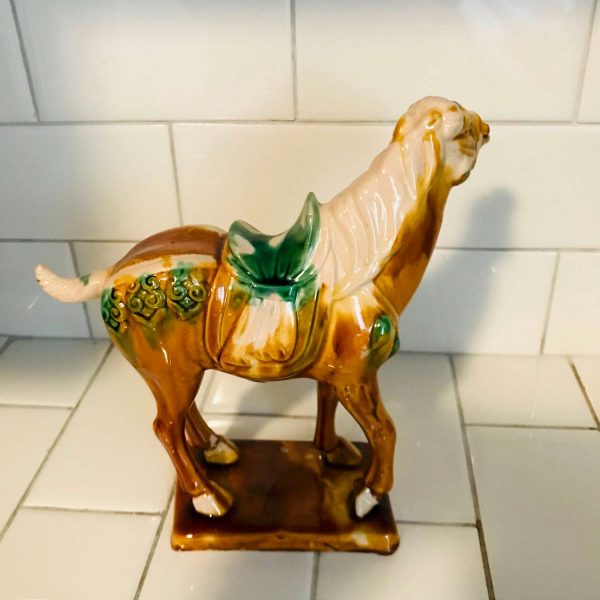 Vintage Pottery Tang Horse Asian Horse colorful Glazed ceramic Large horse Figurine Rust blue green ivory