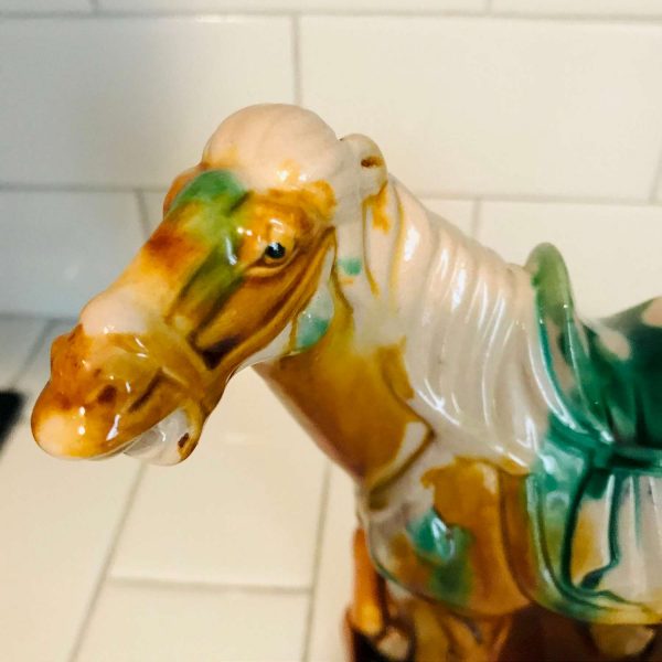 Vintage Pottery Tang Horse Asian Horse colorful Glazed ceramic Large horse Figurine Rust blue green ivory