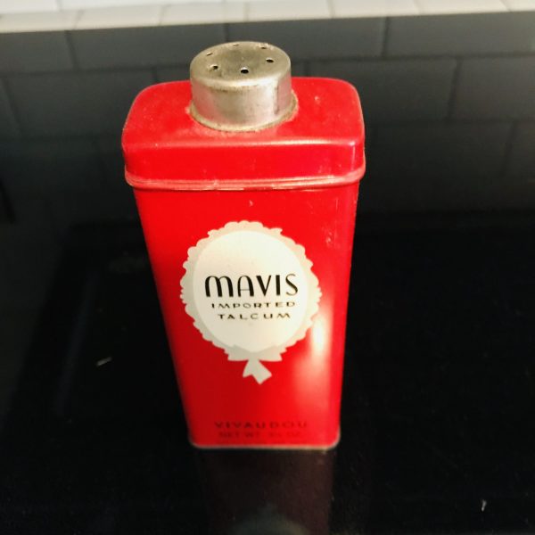 Vintage Powder Mavis Imported Talcum Tin Can Unused Paris London metal shaker collectible display farmhouse salon cottage bathroom vanity