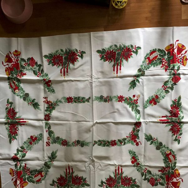Vintage Printed Cotton Christmas Holiday Tablecloth Poinsettia Candles and Bells 54"x64"