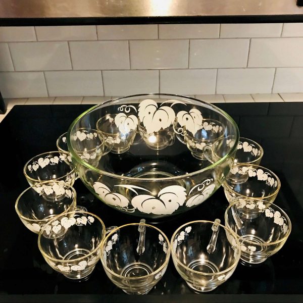 Vintage Punch Bowl Set 12 cups white grape leaf pattern on cups and punch bowl EPAG collectible wedding bridal shower entertainment