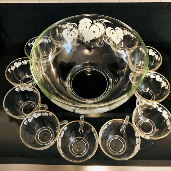 Vintage Punch Bowl Set 12 cups white grape leaf pattern on cups and punch bowl EPAG collectible wedding bridal shower entertainment
