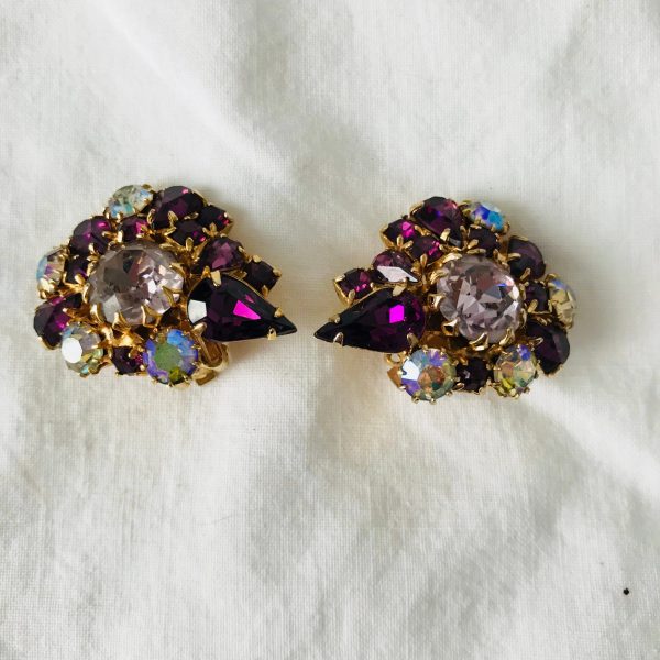Vintage Purple Lavender Clip Earrings Rhinestone Weiss signed rhodium plated gold washed 1940's collectible wedding special event clubbing