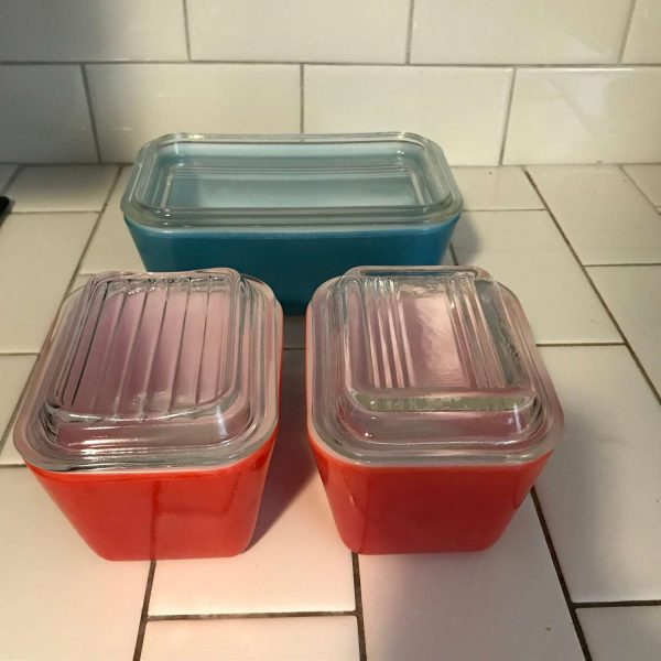 Vintage Pyrex refrigerator containers storage glass lids aqua and red 2 sizes farmhouse cottage collectible display kitchen retro storage