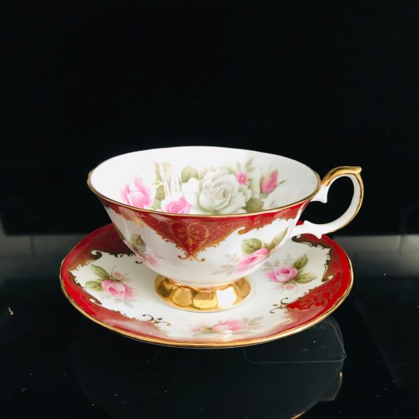 Vintage Queen's Tea Cup and Saucer Burgundy with gold scroll Pattern  Fine porcelain England Collectible Display Farmhouse dining bridal