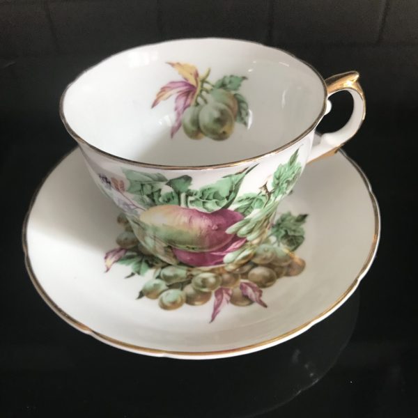 Vintage Regency Tea cup and saucer England Fine bone china Fruit Orchard pattern gold trim farmhouse collectible display cottage shabby chic