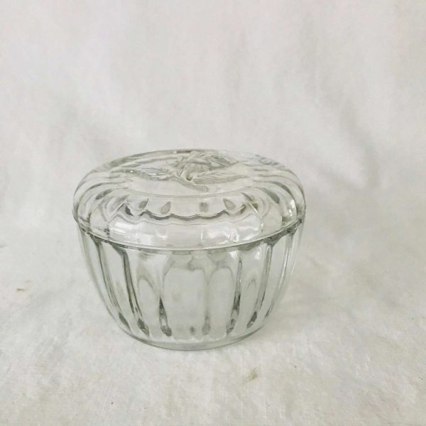 Vintage Ribbed powder jar glass with raised rose lid farmhouse collectible display vanity dresser trinket jewelry dish bowl
