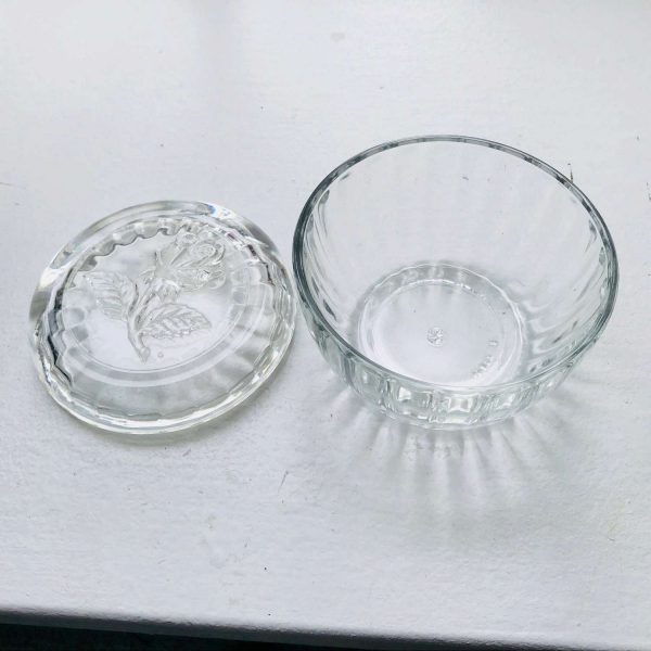 Vintage Ribbed powder jar glass with raised rose lid farmhouse collectible display vanity dresser trinket jewelry dish bowl