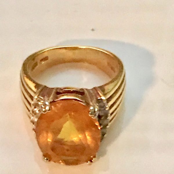 Vintage Ring Sterling Silver with gold wash Topaz faceted with ribbed band size 6 ring 7 grams