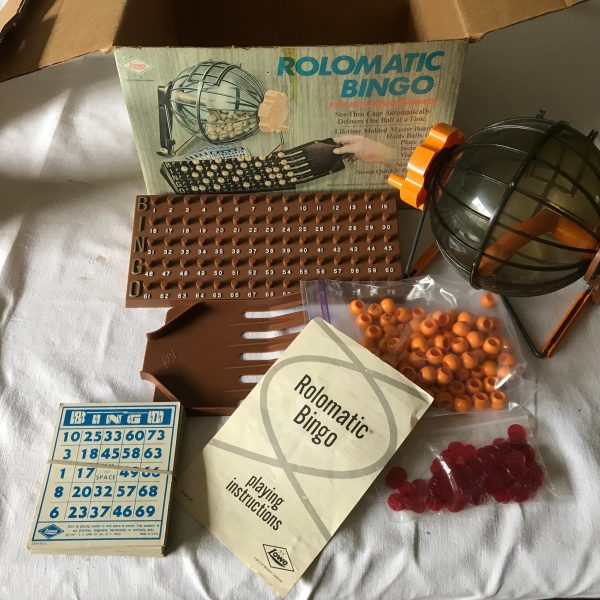 Vintage Rolomatic Bingo game Complete wtih Instructions & box E.S. Lowe Milton Bradley 1973 family game night