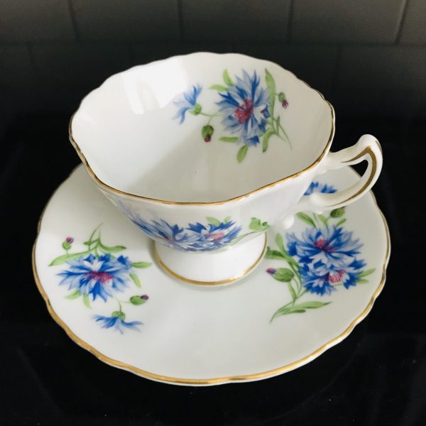 Vintage Rosetti Chicago tea cup and saucer Meadow Belle, Japan Fine bone china Blue Carnations gold trim farmhouse collectible display