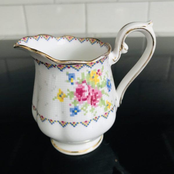 Vintage Royal Albert Petite Point cream pitcher creamer collectible display kitchen dining England fine bone china gold trim floral