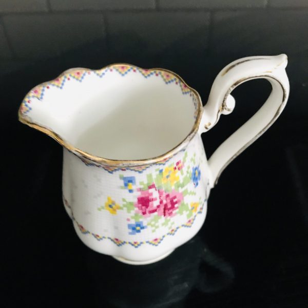 Vintage Royal Albert Petite Point cream pitcher creamer collectible display kitchen dining England fine bone china gold trim floral