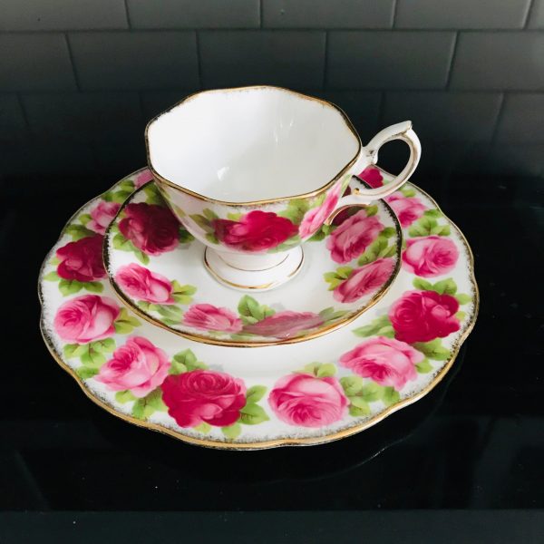 Vintage Royal Albert Tea cup and saucer TRIO England Fine bone china pink roses gold trim farmhouse collectible display dining serving
