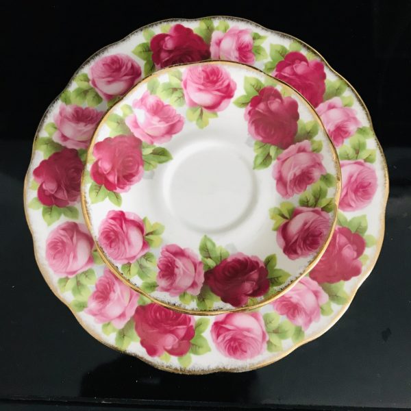 Vintage Royal Albert Tea cup and saucer TRIO England Fine bone china pink roses gold trim farmhouse collectible display dining serving