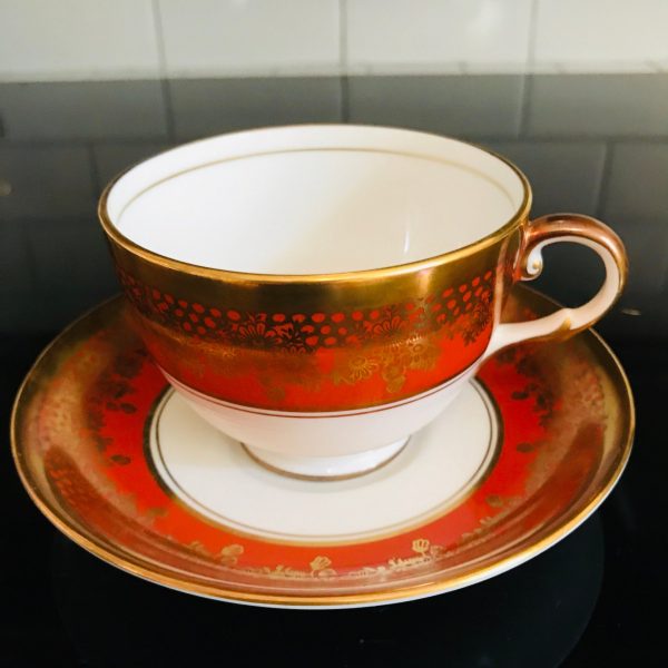Vintage Royal Chelsea Tea cup and saucer Fine bone china England Burnt Orange heavy gold trim farmhouse collectible display dining serving