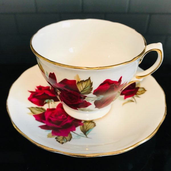 Vintage Royal Vale Tea cup and saucer England Fine bone china Dark Red Roses gold trim farmhouse collectible display cottage shabby chic