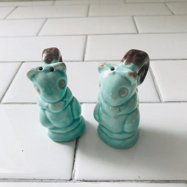 Vintage Salt & Pepper Shakers Aqua Squirrels with brown tails farmhouse cabin collectible display retro kitchen whimsical Unique