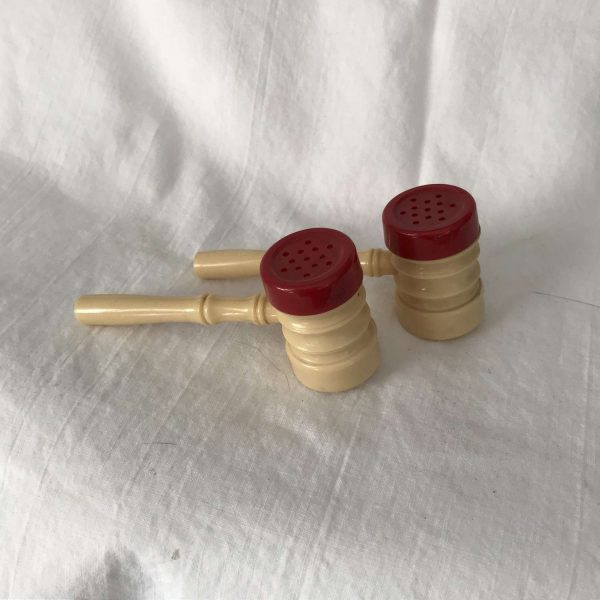 Vintage Salt & Pepper Shakers Gavels Red tops ivory bottoms celluloid Retro Kitchen collectible display judge lawyer court room