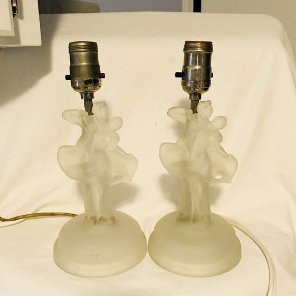 Vintage Satin Glass Pair of Matching Lamps with Dancers silver post and socket farmhouse collectible display