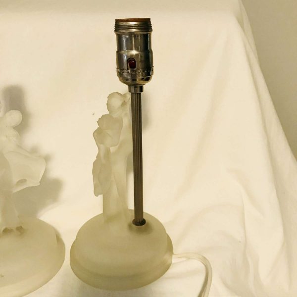 Vintage Satin Glass Pair of Matching Lamps with Dancers silver post and socket farmhouse collectible display