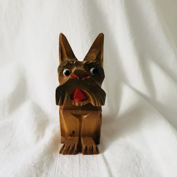 Vintage Scottie dog Scottish terrier hand carved wooden figurine glass eyes hand painted