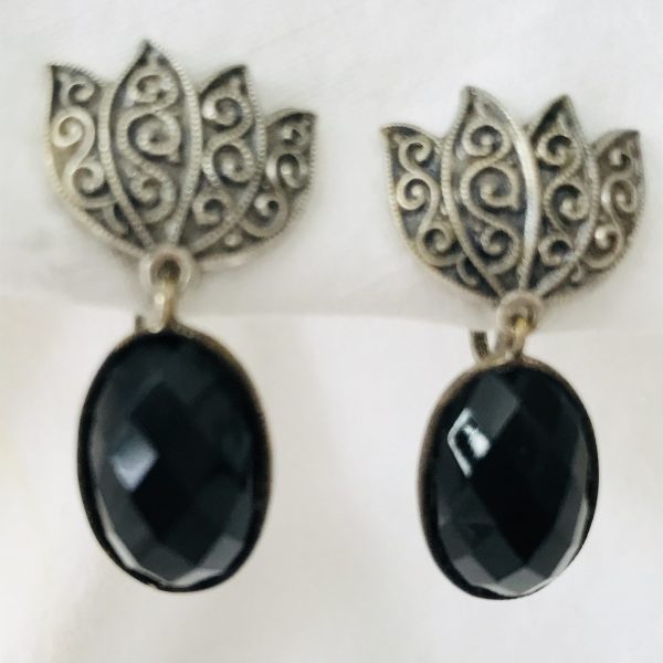 Vintage Screw Back Earrings Faceted Black rhinestones with Scroll silver tone tops jewelry collectible earrings clubbing special event
