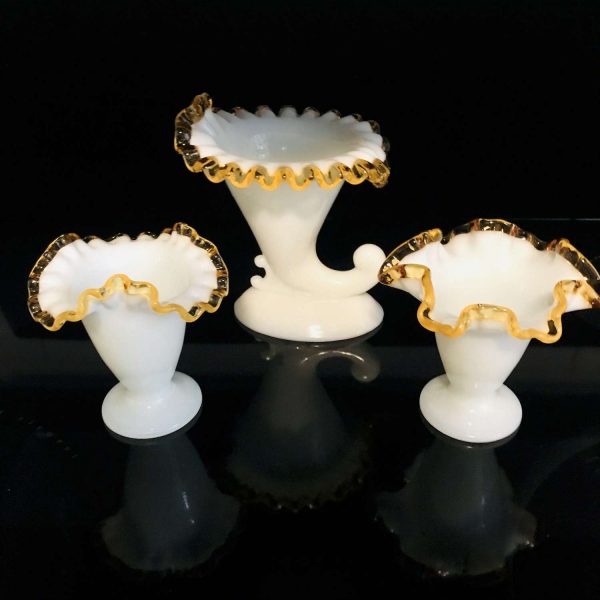 Vintage Set of 3 Fenton Vases Candleholder with 2 smaller vase Gold crest milk glass with gold trim edges farmhouse collectible display