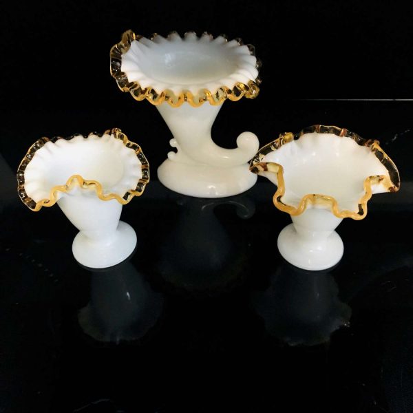 Vintage Set of 3 Fenton Vases Candleholder with 2 smaller vase Gold crest milk glass with gold trim edges farmhouse collectible display