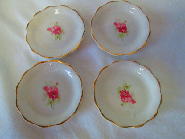 Vintage Set of 4 Antique Stoneware butter pats Rose pattern centers gold trim