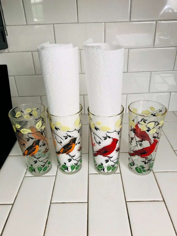 Vintage set of 4 Bird tumblers 2 Oriols and 2 Cardinals Iced Tea Glasses collectible display farmhouse red orange retro kitchen